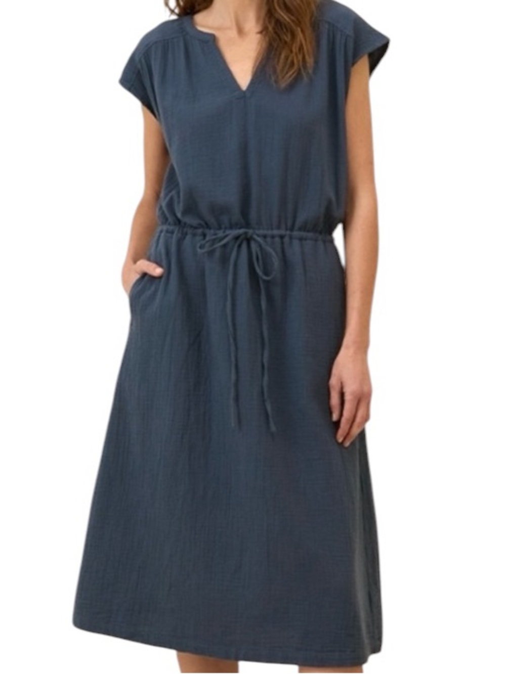 Pact Organic Cotton Navy Blue Scoop Gauze Neck Midi Dress with Waist Tie M - Picture 8 of 8